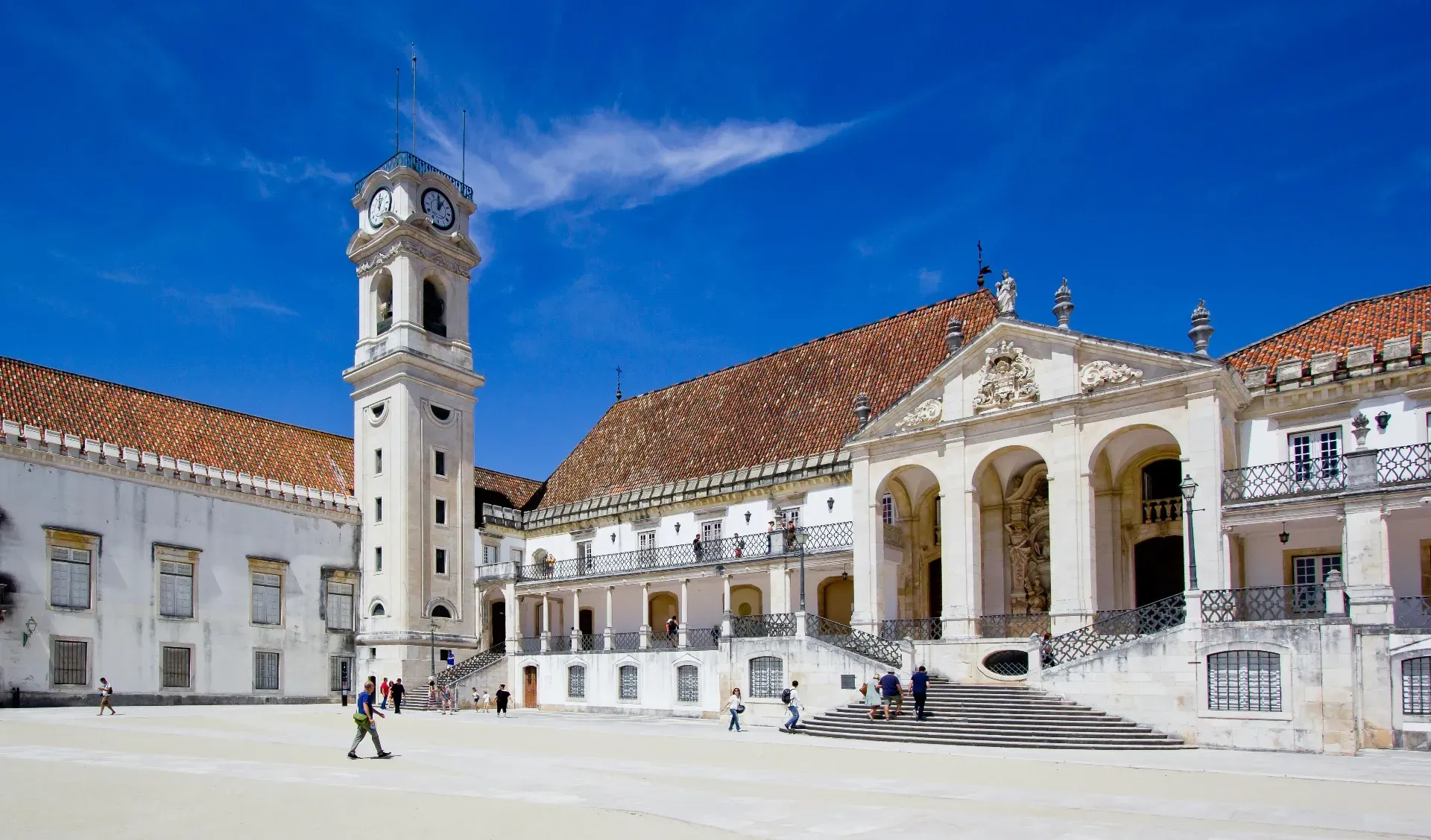 University of Coimbra courtyard with clear sky, view from the main square